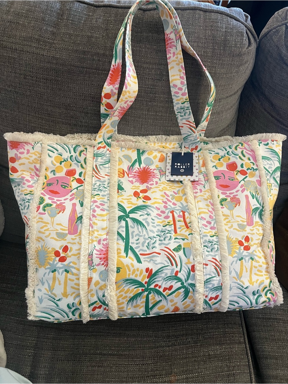 Roller Rabbit Tropical Floral Canvas Tote in Pink, Green & Yellow